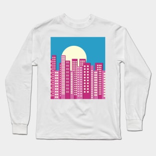 Pink City Skyline Full Moon Night Long Sleeve T-Shirt